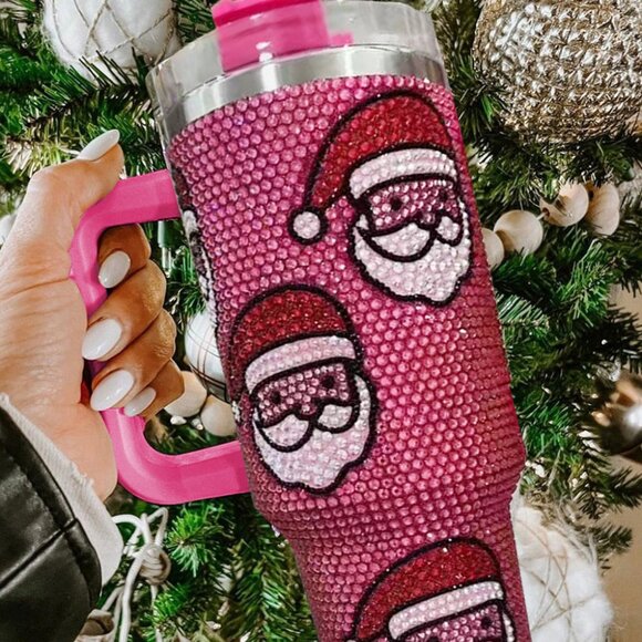 B356 Pink Santa Rhinestone Tumbler - Picture 4 of 4